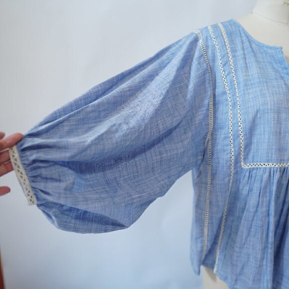 Zara Balloon Sleeves Tunic Top Split Neck Blue S Bohemian Prairiecore Casual - Picture 5 of 9